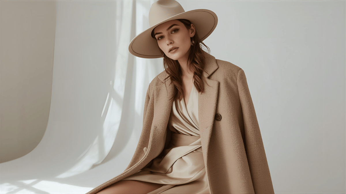 High-fashion editorial photo of a woman wearing a beige Gorro Greiva hat with an asymmetrical wool coat and silk dress, posing in a minimal studio with soft light, elegant composition, Vogue aesthetic.